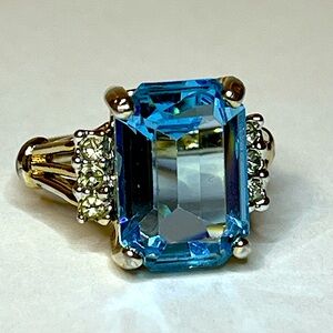 Vintage ESPO Aquamarine Faceted Emerald Cut Ring in 14KT GE Gold